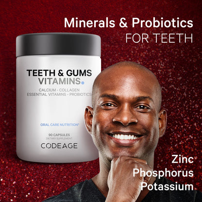 Imagen publicitaria para minerales y probióticos de Codeage para la salud de dientes y encías.