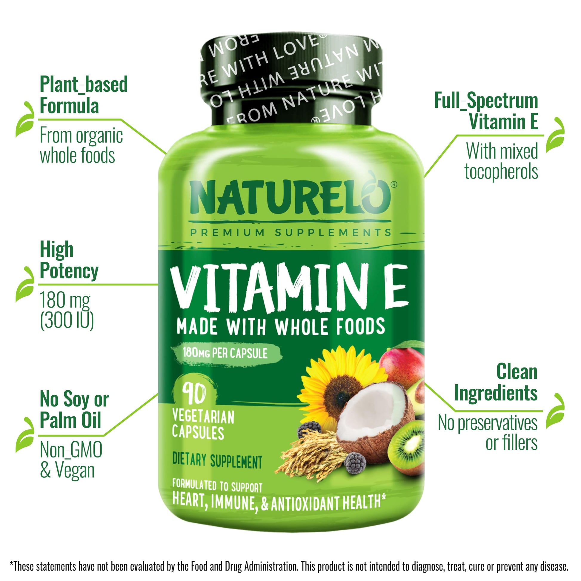 Publicidad de vitamina E NATURELO resaltando ingredientes naturales.