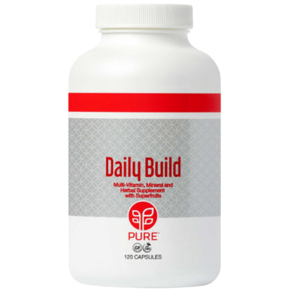 Foto del producto PURE Daily Build multivitamínico en mesa de picnic