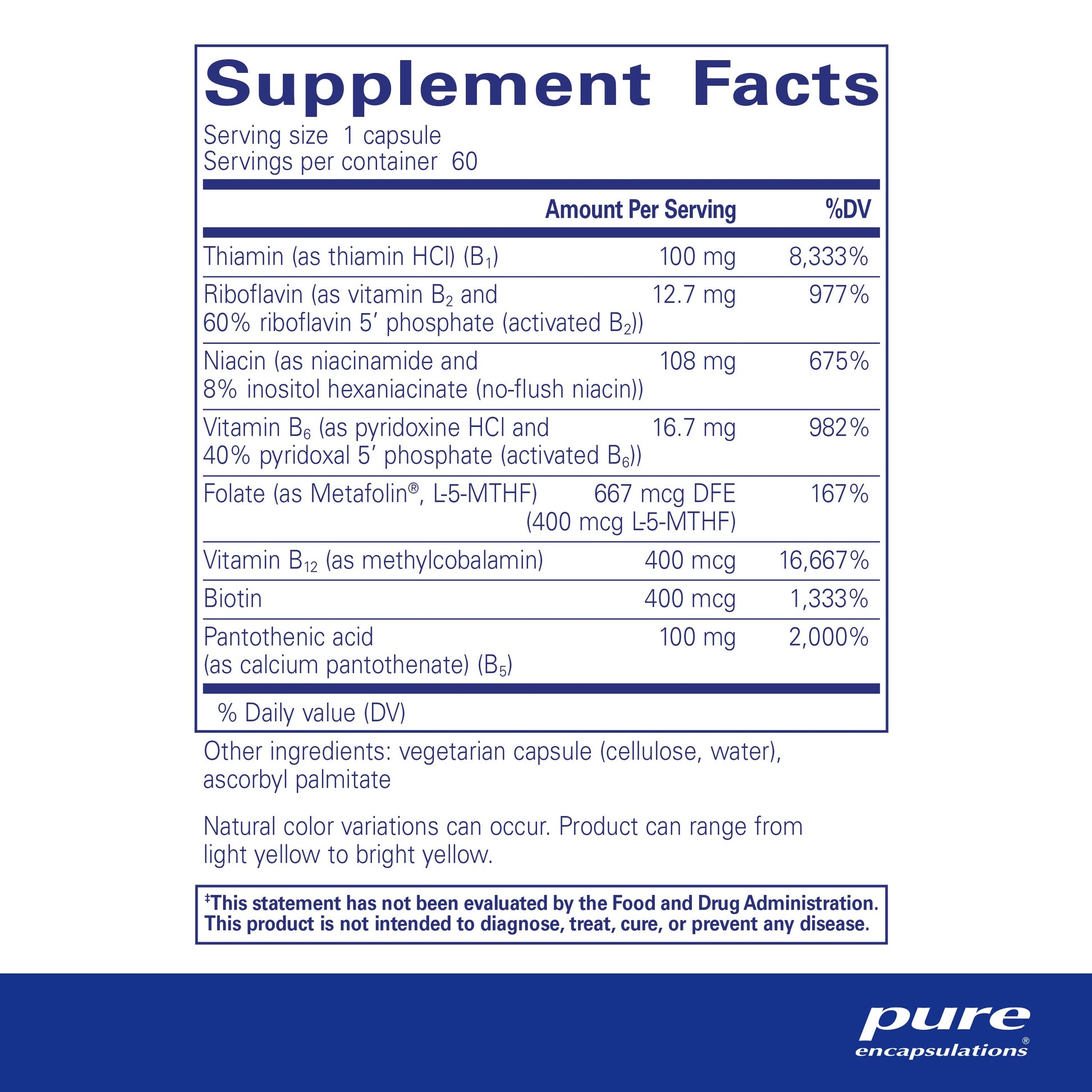 Caja Pure Encapsulations B-Complex Plus suplemento vitaminas B