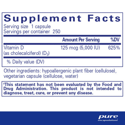 Frasco Pure Encapsulations vitamina D3 suplemento