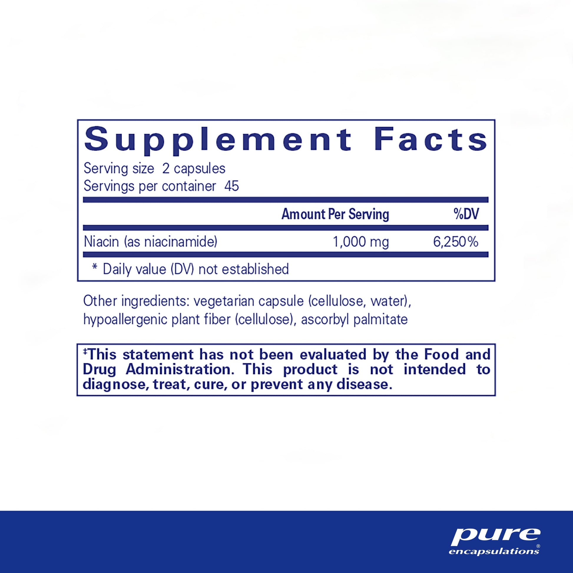 Pure Encapsulations suplemento vitamina B3 niacinamida cápsulas