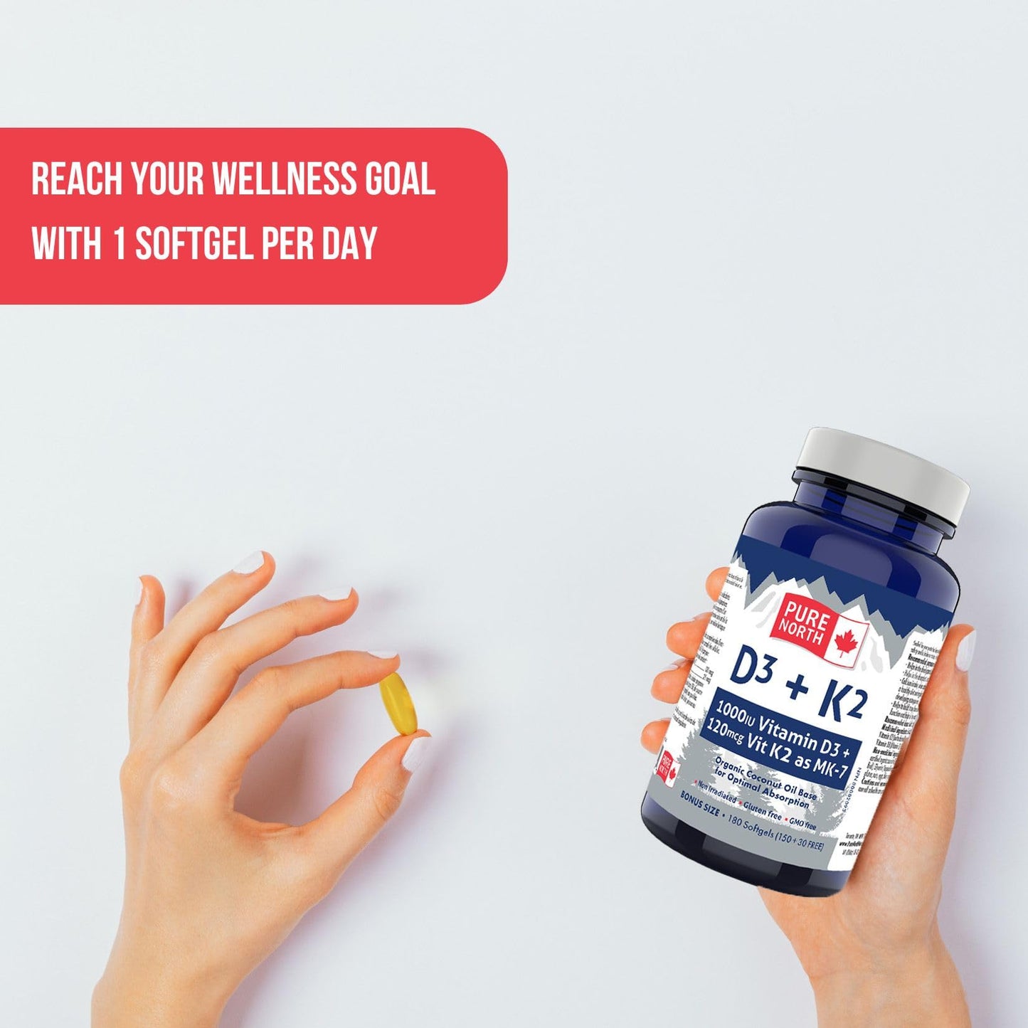 Detalle ingredientes PURE NORTH NATURALS D3 K2 suplemento hecho en Canadá