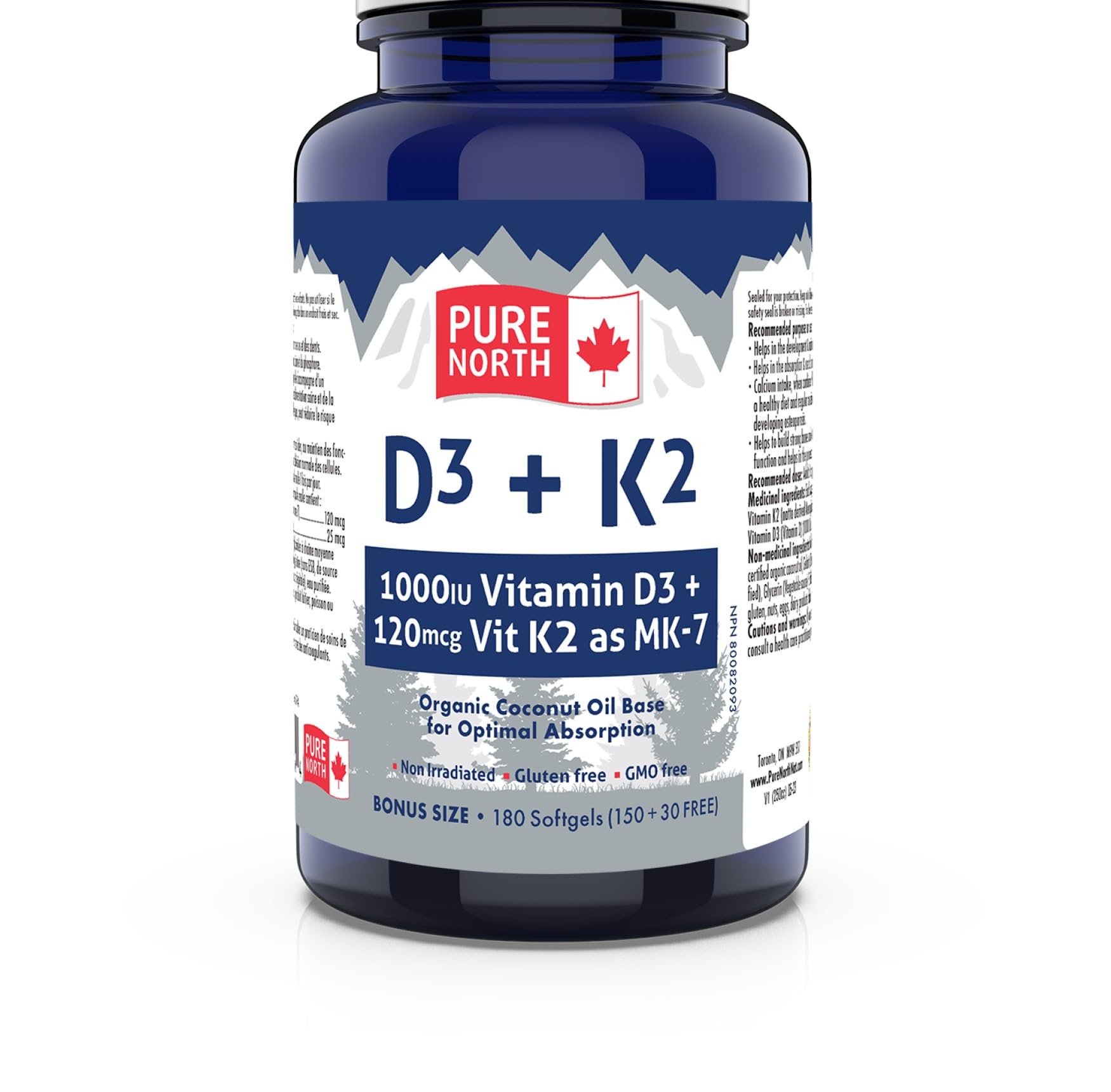 PURE NORTH NATURALS suplemento vitamina D3 K2 aceite coco 180 softgels