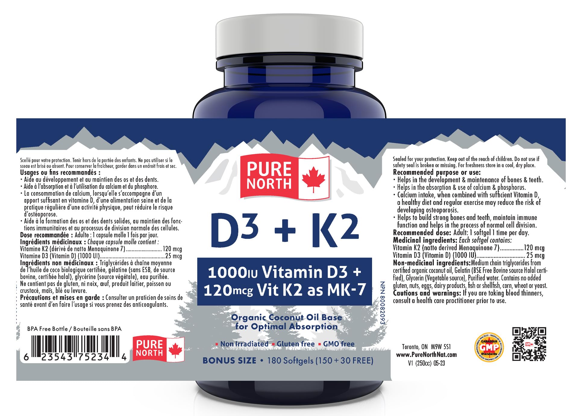 Botella lateral PURE NORTH NATURALS vitamina D3 K2 180 softgels
