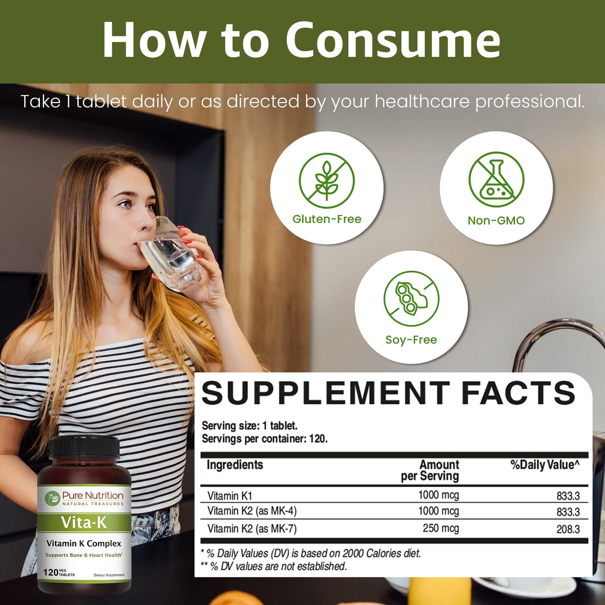 Pure Nutrition Vita-K combinación K1 y K2 para absorción óptima vitamina