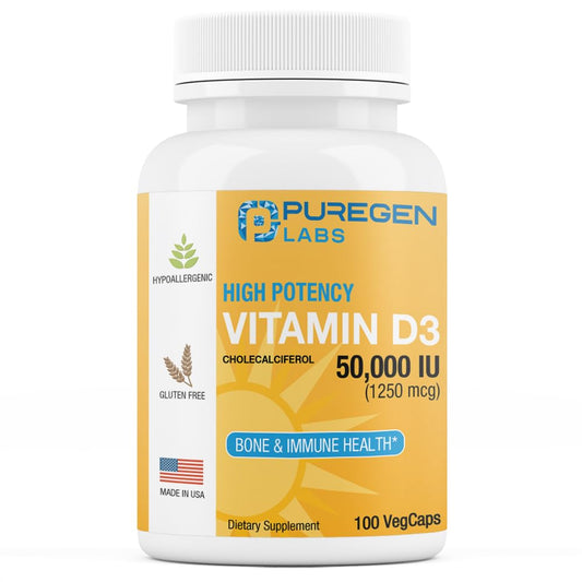 Puregen Labs Vitamina D3 50,000 IU 100 cápsulas frasco