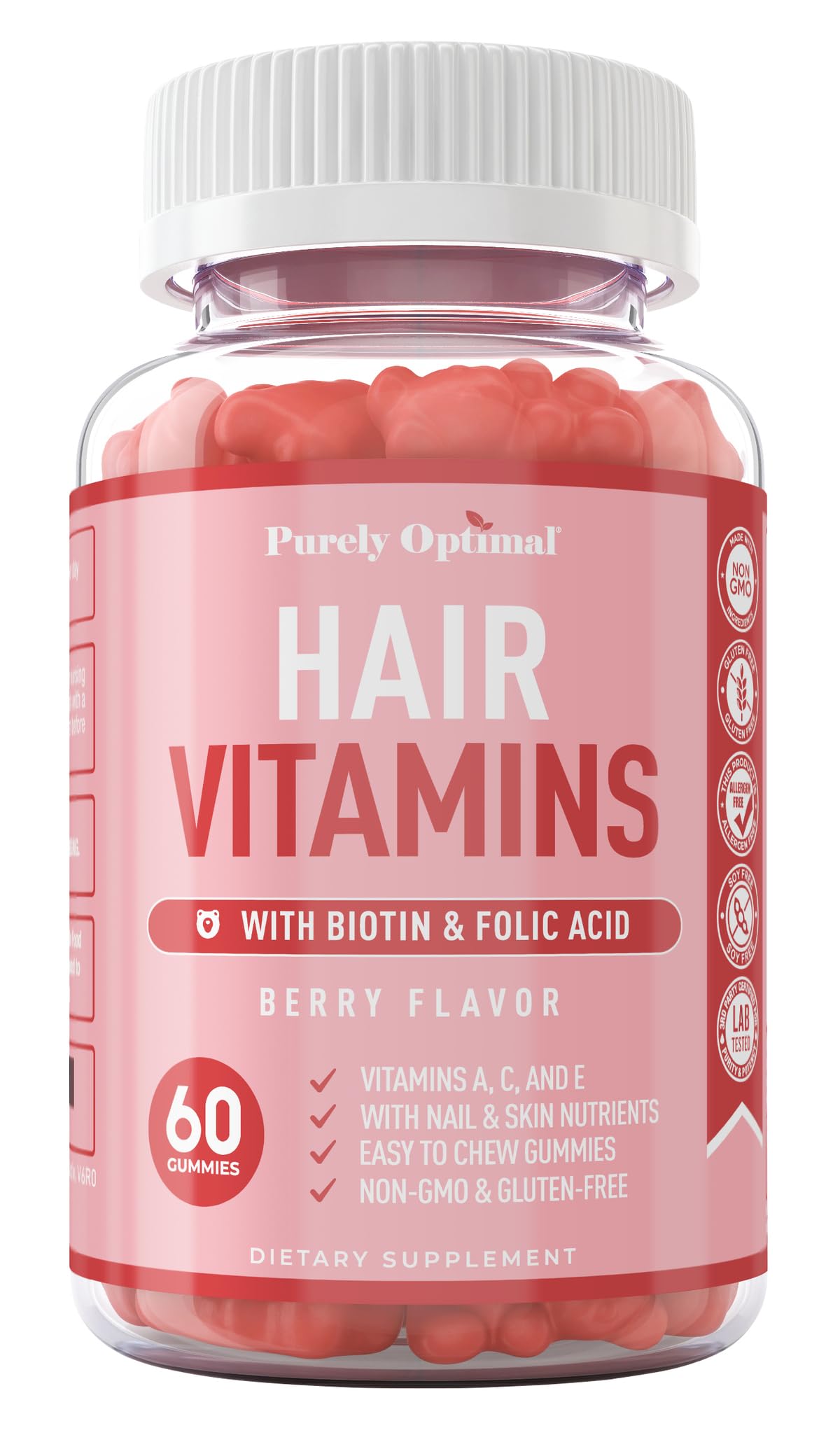Purely Optimal gomitas vitamina A, C, E, y biotina para cabello