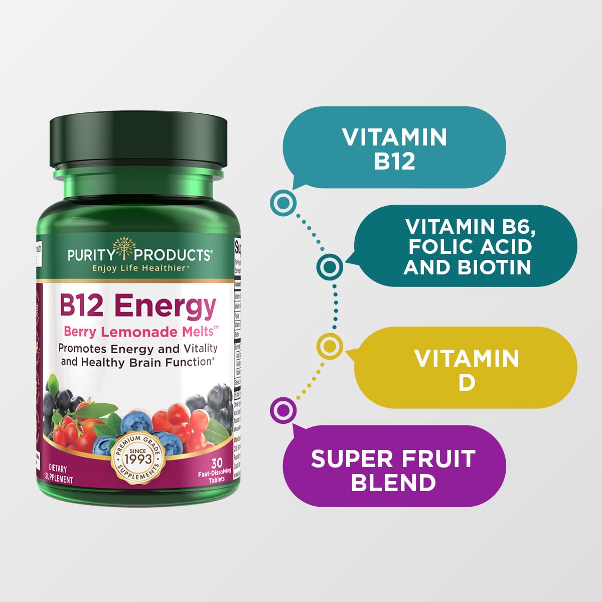 Purity Products b12 energía berry mezcla sabor limón suplementos