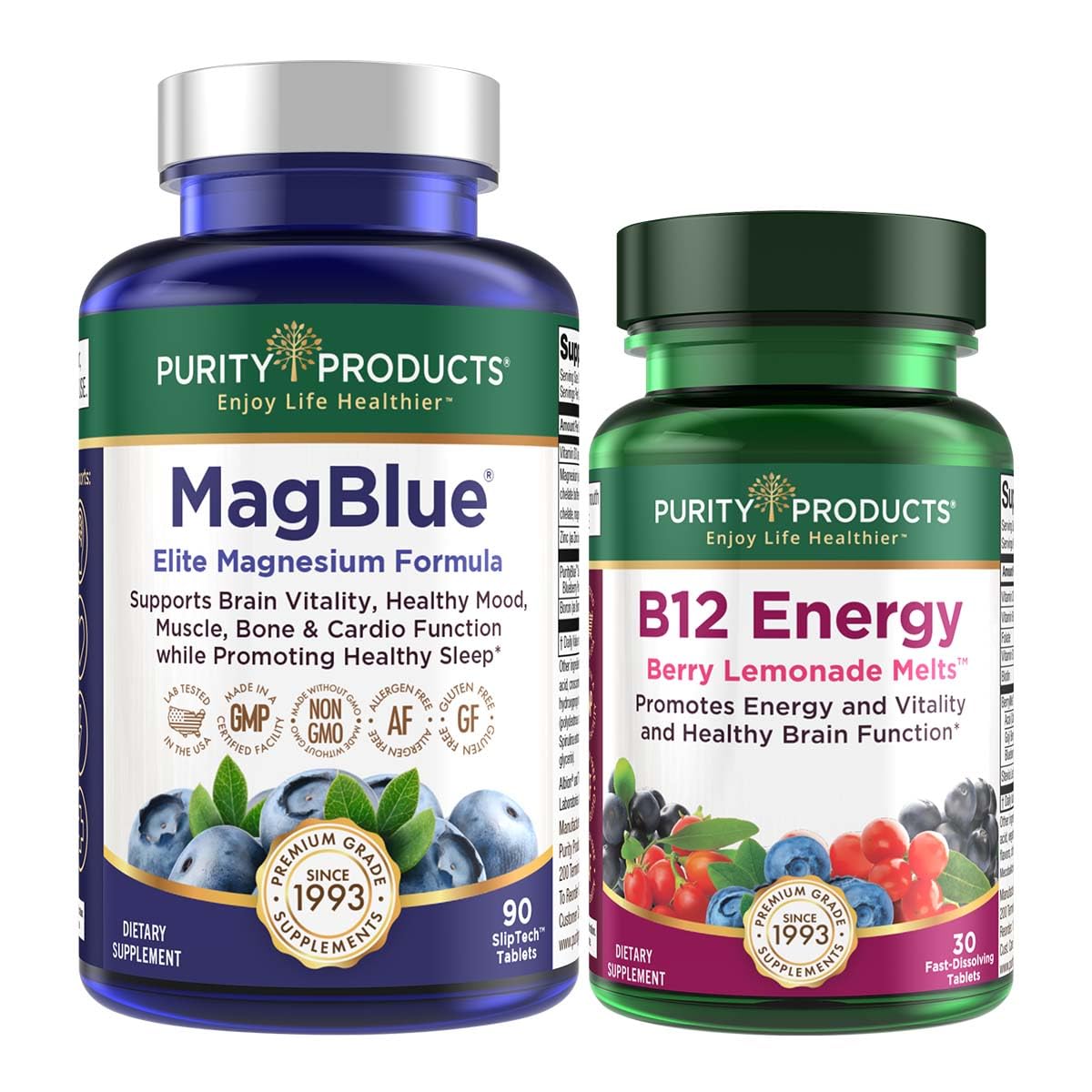 Purity Products MagBlue magnesio bisglicinato acompañado B12 energy melt