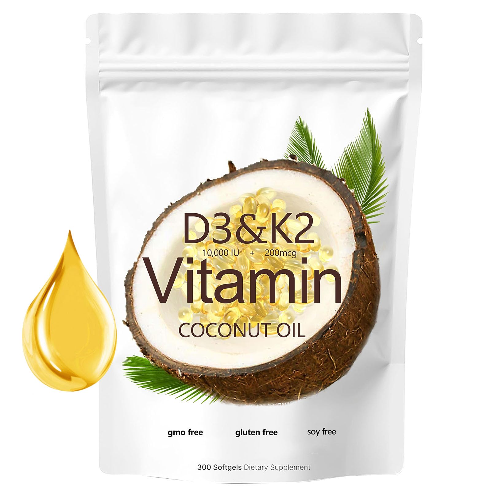Qiuumey vitamina d3 k2 10000 iu 300 cápsulas blandas aceite coco