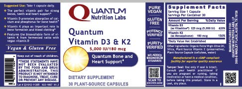 Contenedor de cápsulas de vitamina D3 y K2 Quantum Nutrition Labs 30 unidades