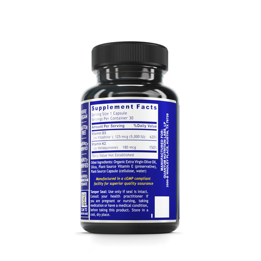 Caja de suplemento vitamina D3 y K2 Quantum Nutrition Labs sin gluten