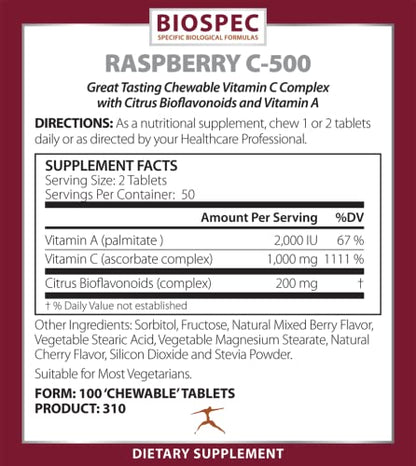 Suplemento Raspberry C-500 con vitamina A y bioflavonoides cítricos