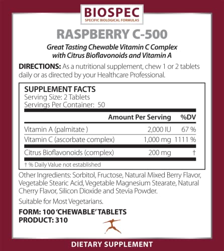 Suplemento Raspberry C-500 con vitamina A y bioflavonoides cítricos