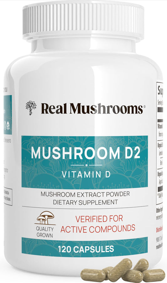 Real Mushrooms suplemento vegano vitamina D2 1000 UI setas
