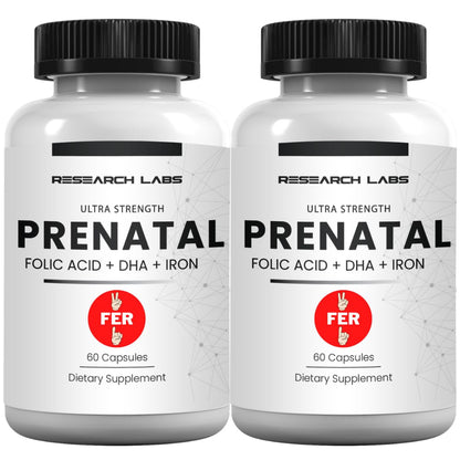 Research Labs vitaminas prenatales 60 cápsulas empaque frontal