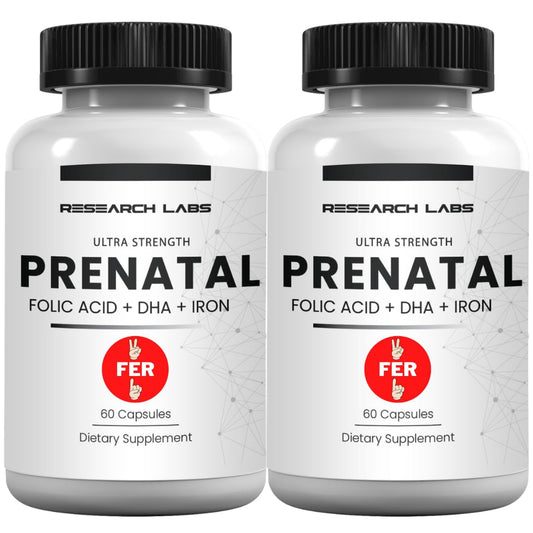 Research Labs vitaminas prenatales 60 cápsulas empaque frontal