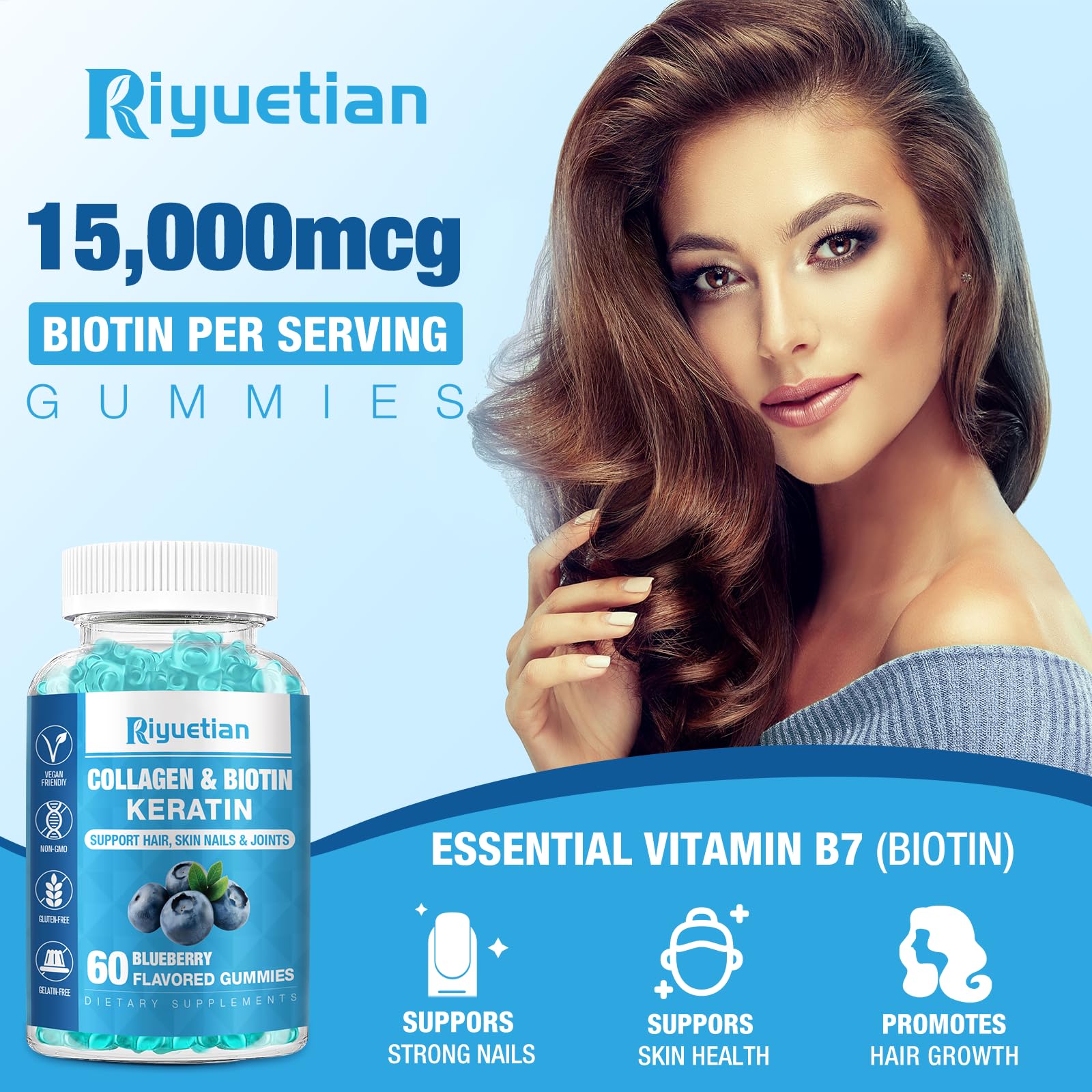 Frasco gomitas Riyuetian vitamina biotina colágeno