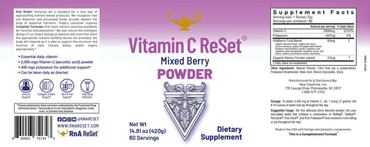RnA ReSet polvo vitamina C detalles etiqueta nutricional