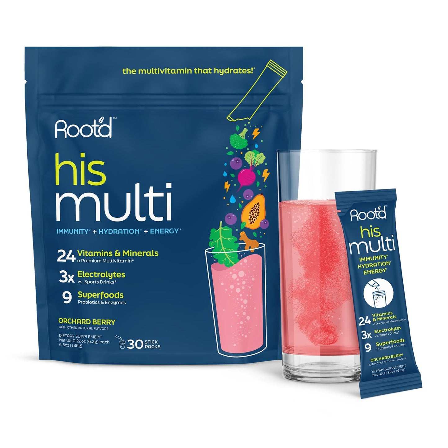 Root'd multivitamínico para hombres en polvo con electrolitos.