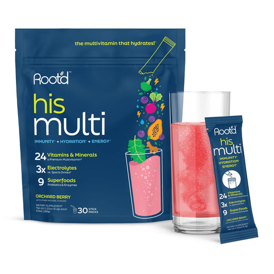 Root'd multivitamínico para hombres en polvo con electrolitos.