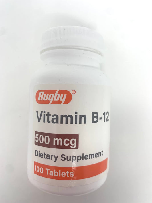 Tabletas Rugby B-12 500mcg Cianocobalamina rosa 100 piezas