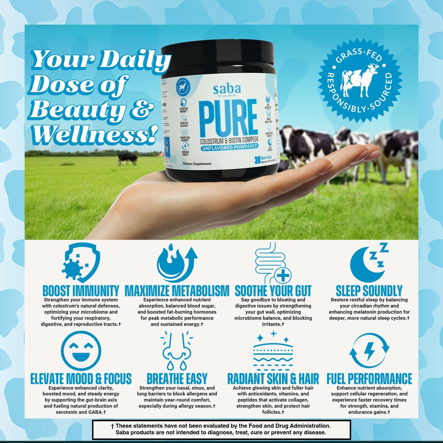 Saba Pure colostro y biotina antioxidantes y soporte integral