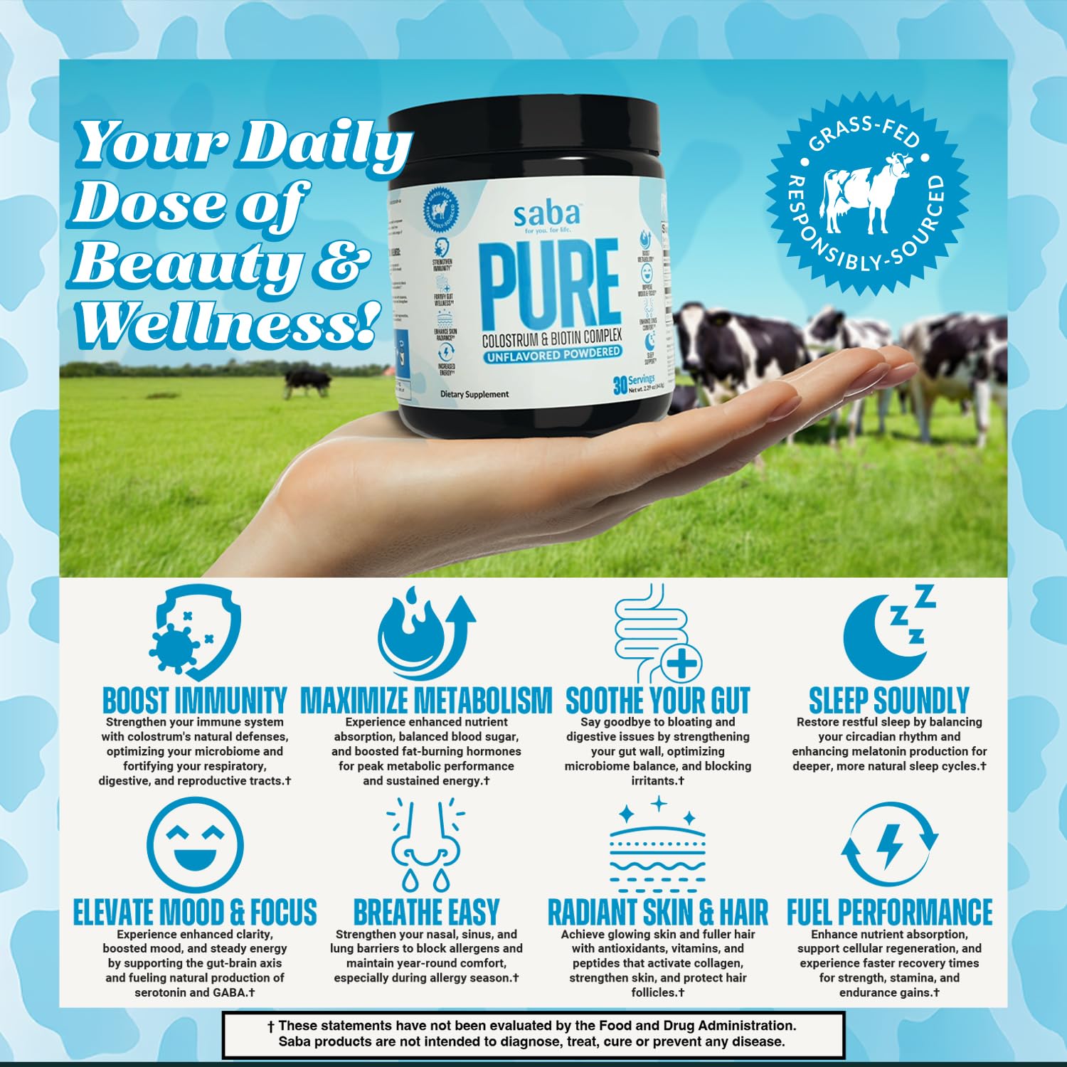 Saba Pure colostro y biotina antioxidantes y soporte integral