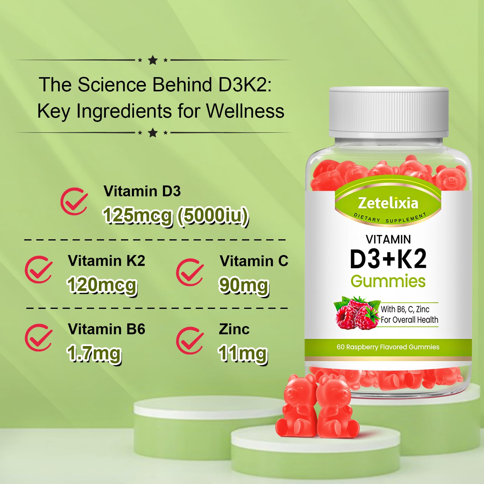 Sabor frambuesa gomitas vitamina D3 K2 Zetelixia sin azúcar