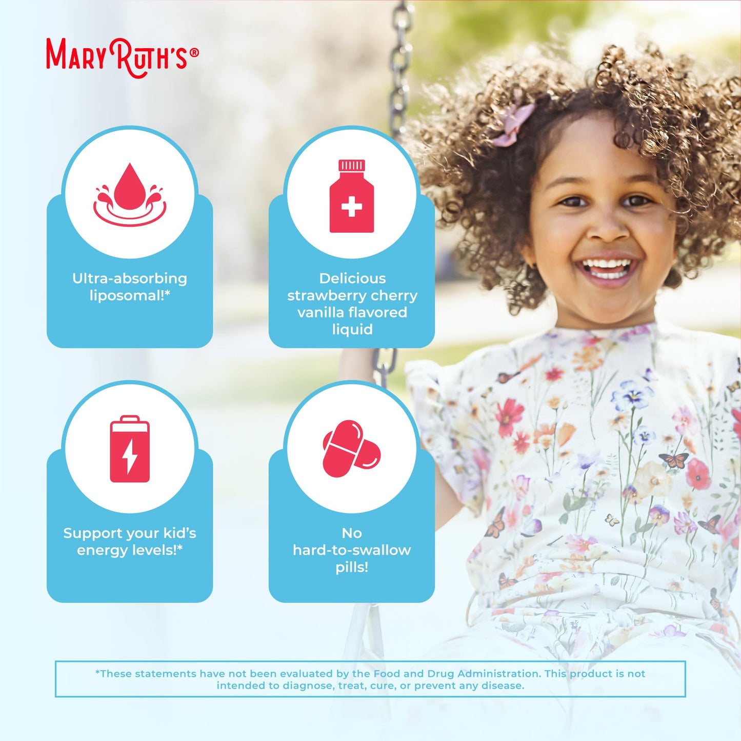 Sabores irresistibles de fresa, cereza y vainilla del multivitamínico MaryRuth's para niños