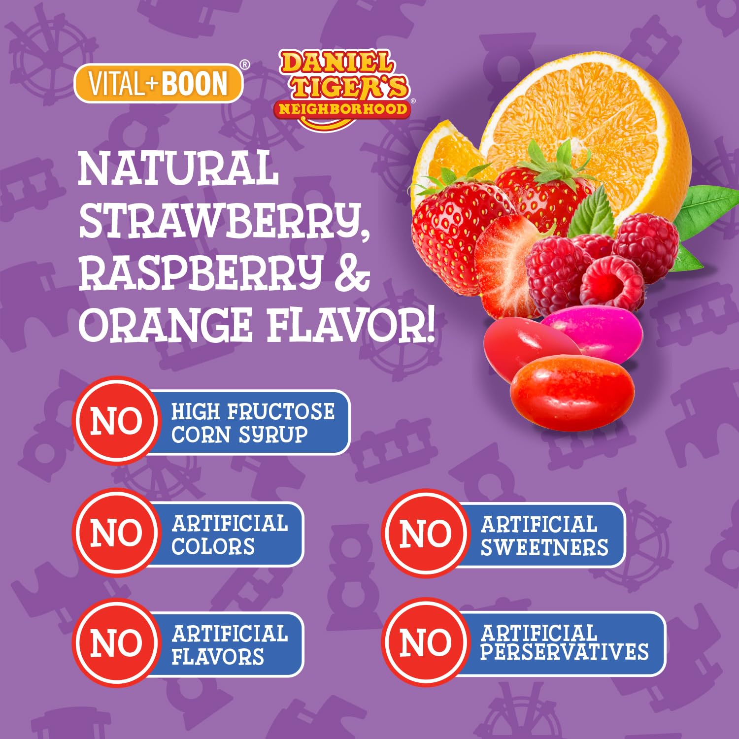 Sabores naturales de fresa, frambuesa y naranja en multivitaminas.