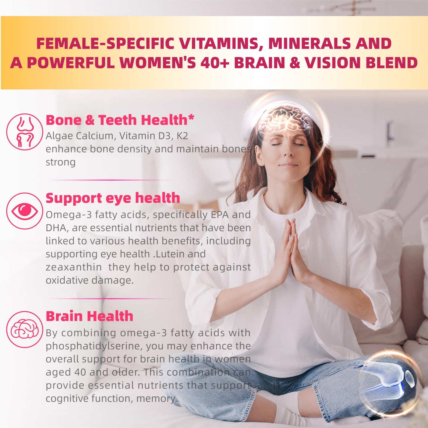 Salud ósea y ocular con las gomitas multivitamínicas para mujeres mayores de 40 años.