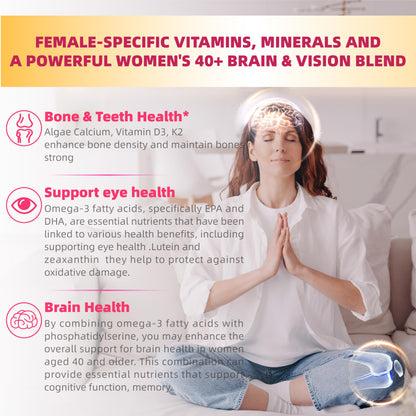 Salud ósea y ocular con las gomitas multivitamínicas para mujeres mayores de 40 años.