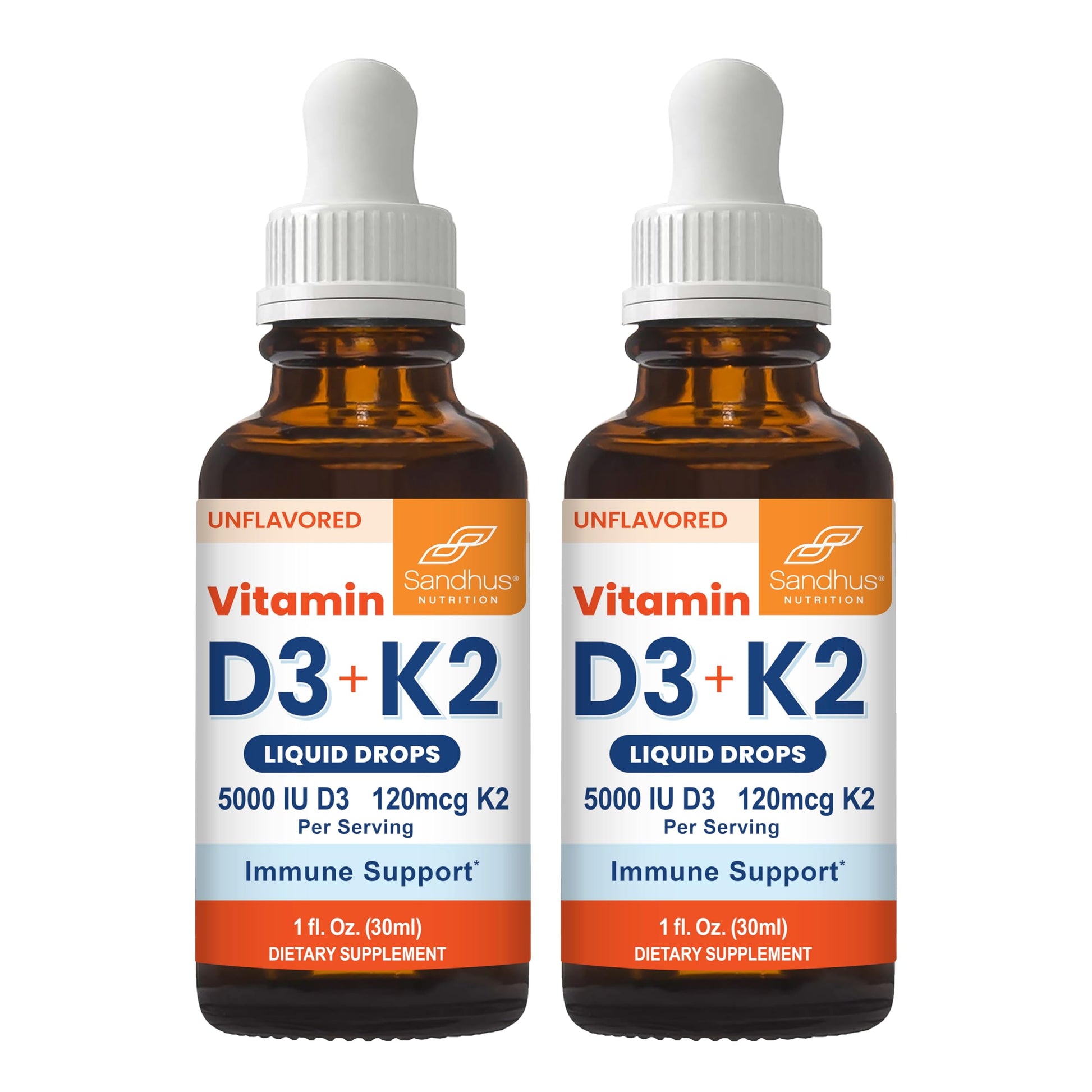 Sandhu gotas líquidas Vitaminas D3 K2 frascos y etiqueta