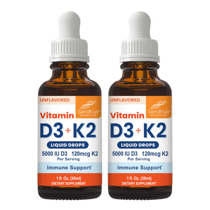 Sandhu gotas líquidas Vitaminas D3 K2 frascos y etiqueta