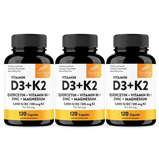Frasco Sandhu's vitamina D3 K2 5000 IU con zinc y magnesio 120 cápsulas