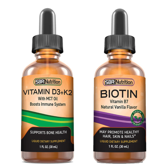 Paquete SBR Nutrition gotas líquidas vitamina D3+K2 menta y biotina vainilla