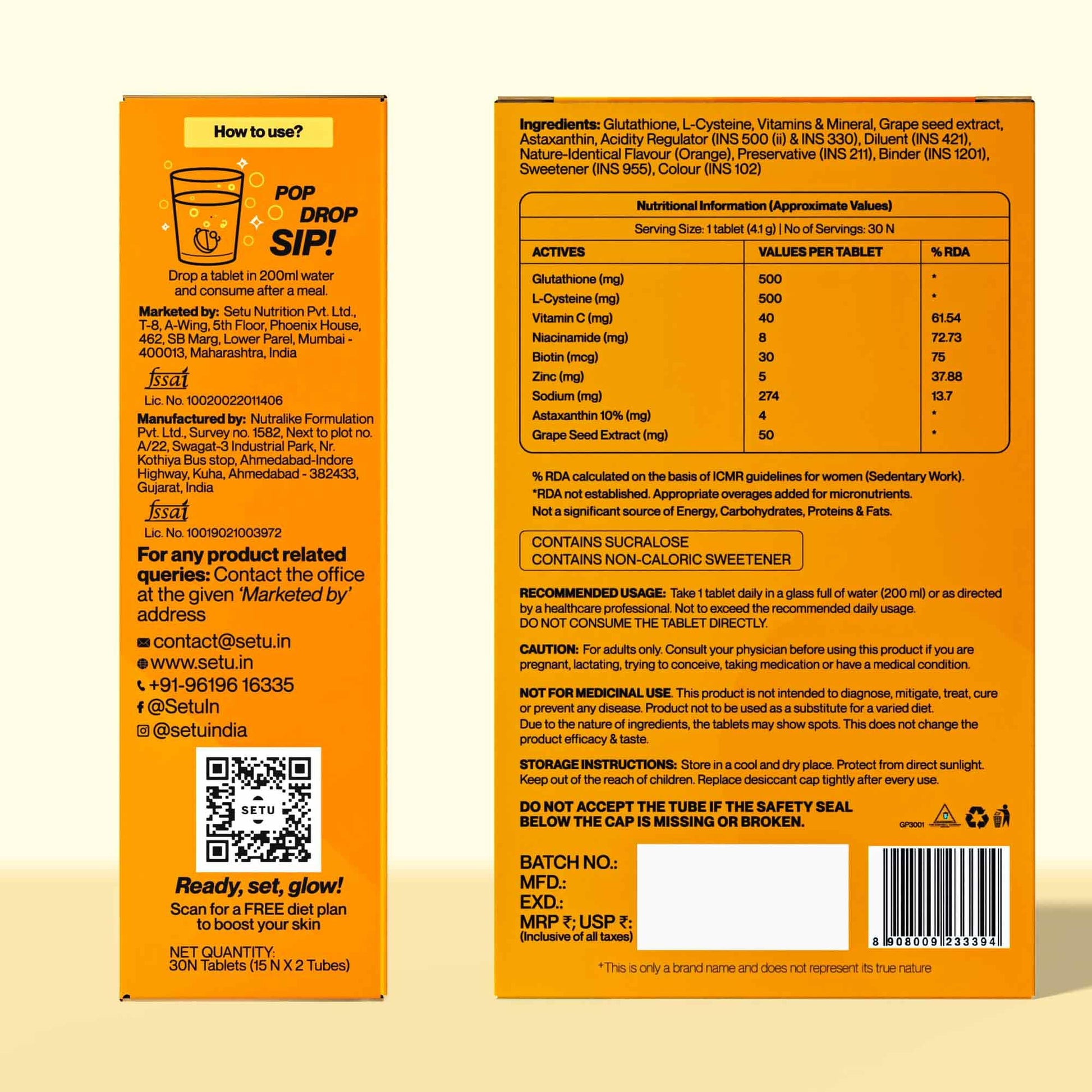 Setu Skin Renew 30 tabletas efervescentes sabor naranja saludable