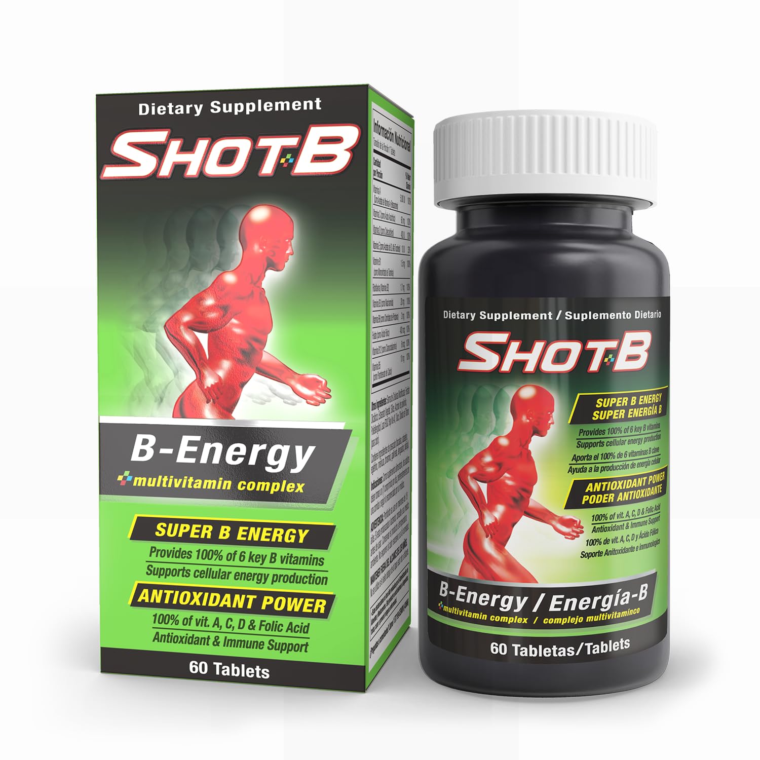 Shot-B multivitamínico botella y caja con vitaminas