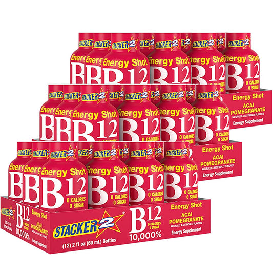Shot líquido Stacker 2 vitaminas B12 B6 B3 energéticas acai granada