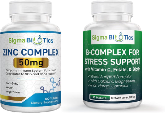 Frasco de suplemento de Zinc SigmaBiotics 50mg con complejo B para estrés