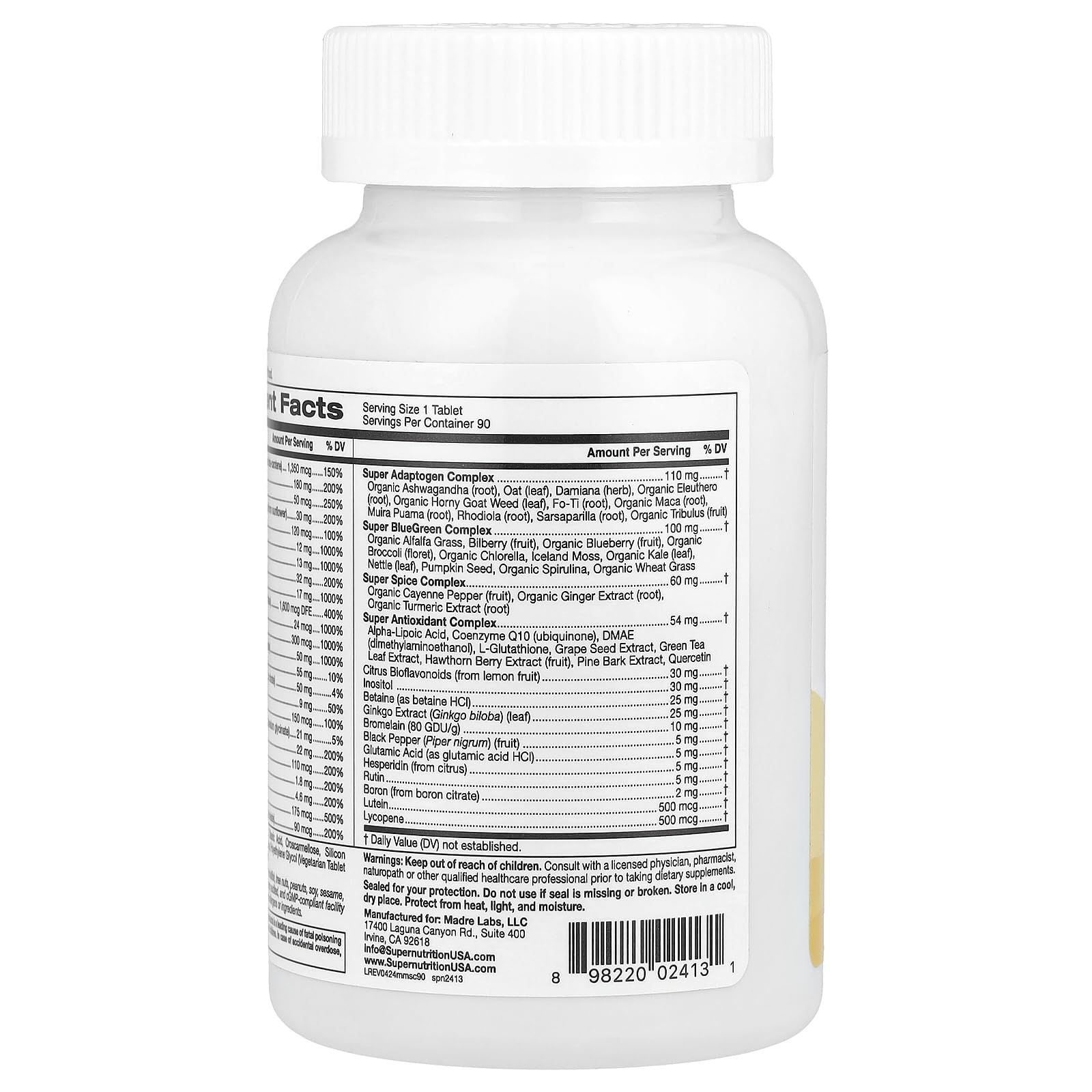 SimplyOne multivitaminas para hombres tabla nutricional