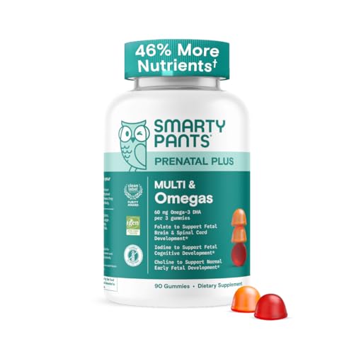 Botella de gomitas multivitamínicas prenatales SmartyPants con fondo turquesa