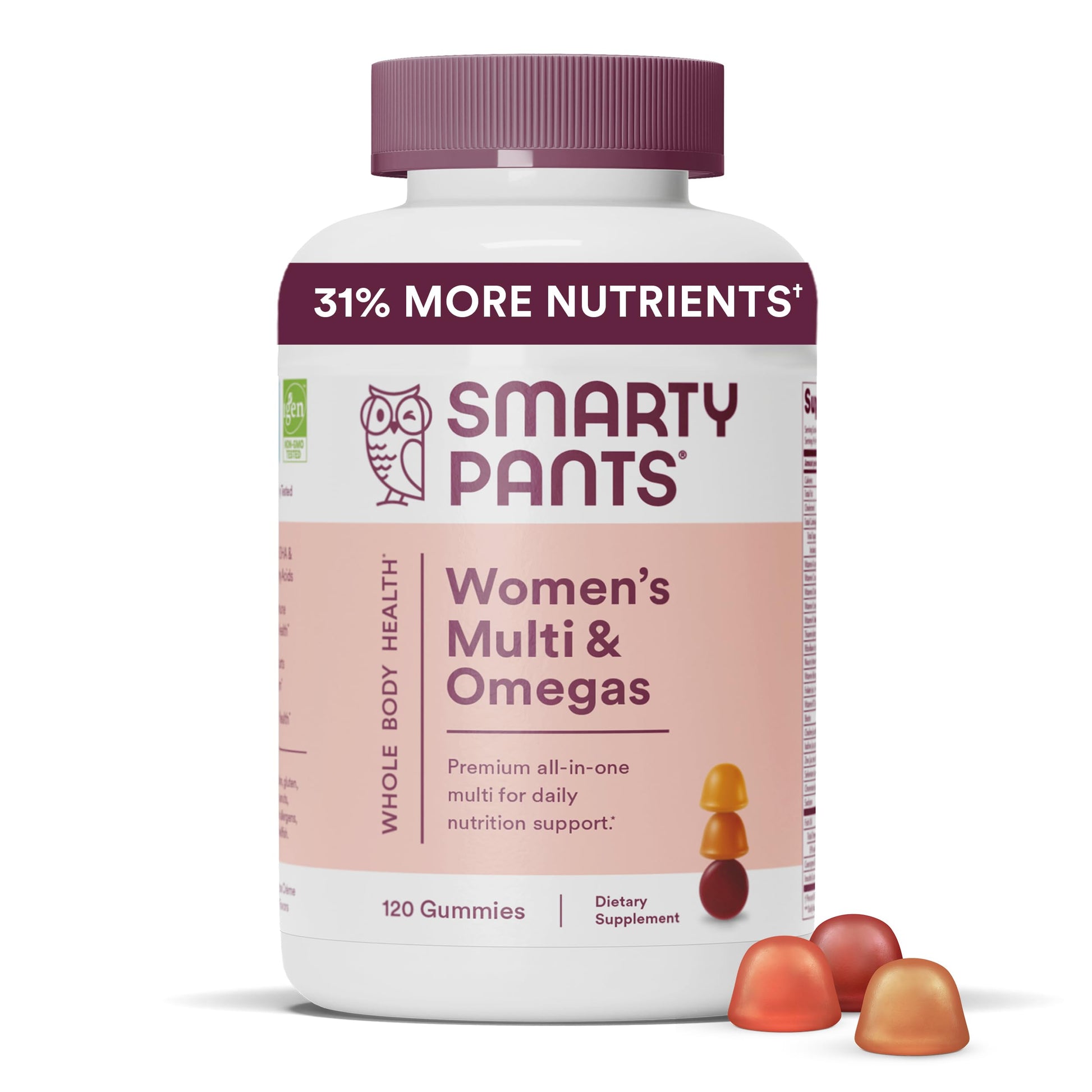 Envase de SmartyPants multivitaminas con Omega 3 para mujer
