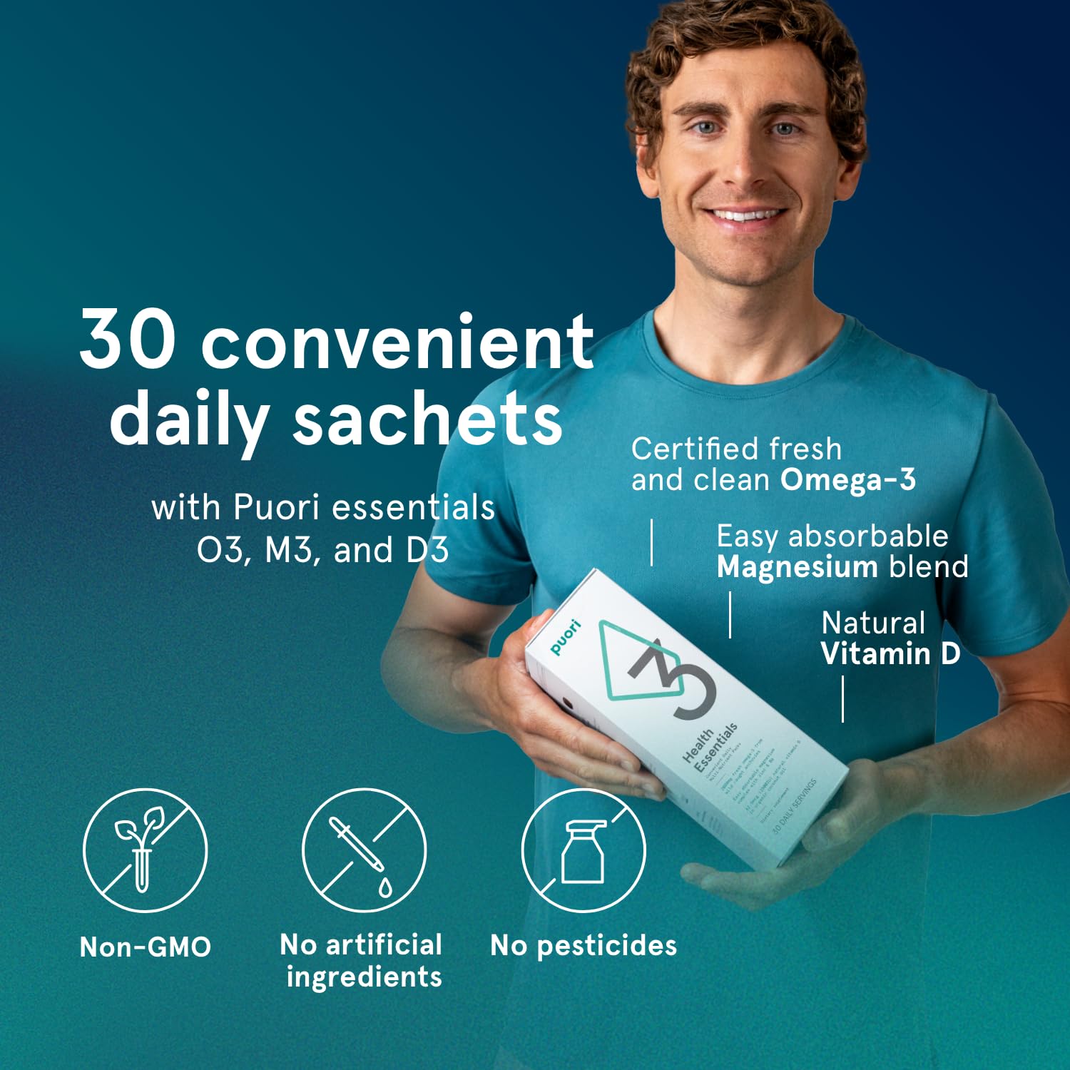 Sobres diarios Puori P3 con omega y vitamina D.