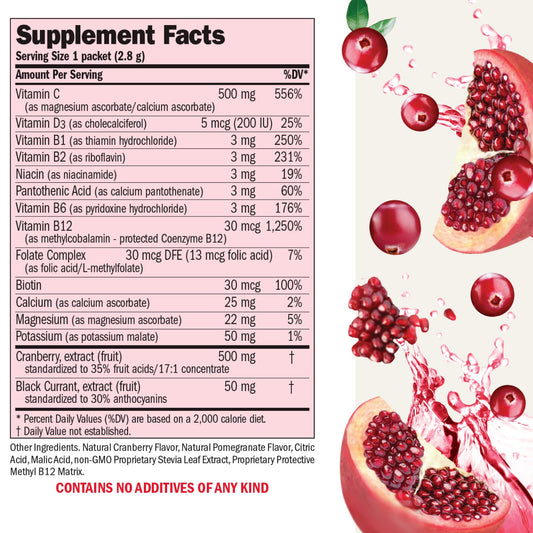 Sobres de vitamina C no ácida con cranberry y energía