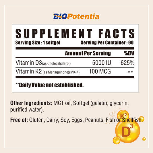 Softgel BIO POTENTIA vitamina d3 5000 iu y k2 mk7 botánico