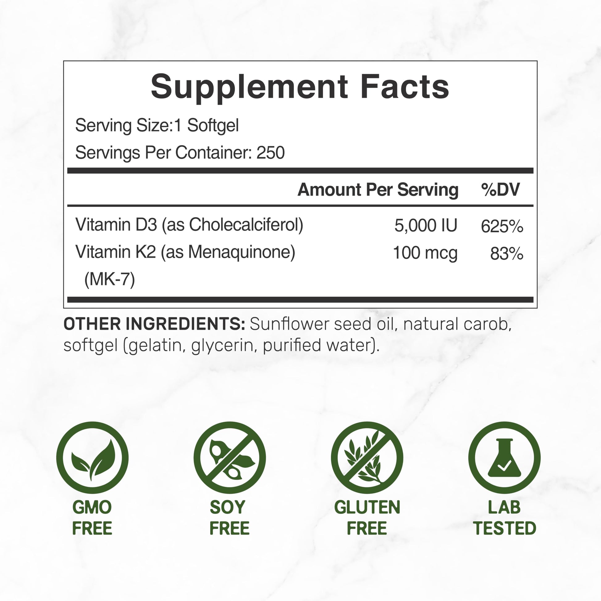 Softgel vitamina D3 y K2 MK7 en cápsula blanda según paquete DEAL