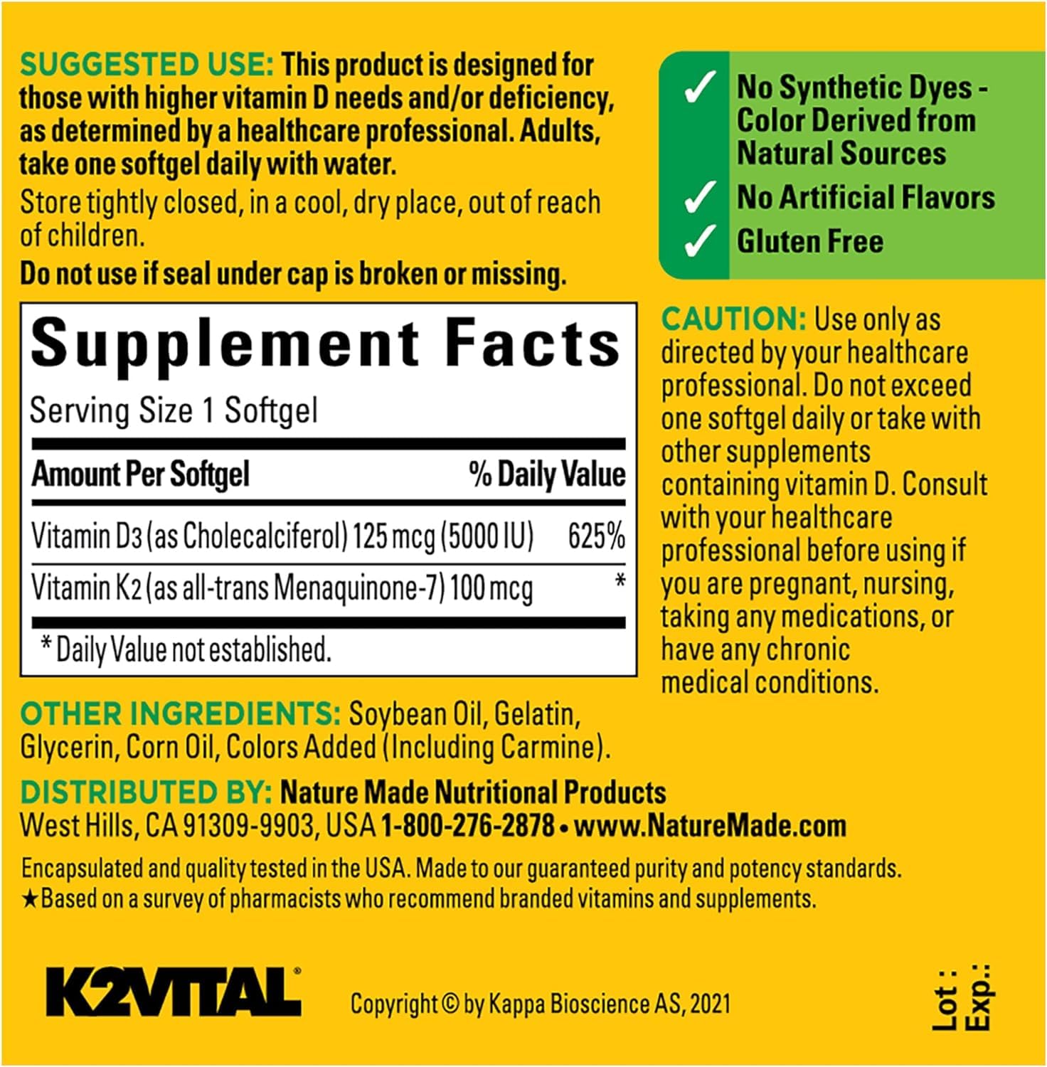 Softgels en frasco Nature Made Vitamina D3 y K2 para adulto
